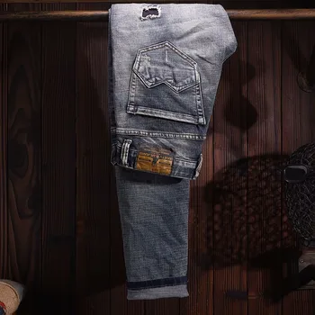 Модные Мужские джинсы в Итальянском стиле, ретро, серо-Синие Эластичные Тонкие Рваные джинсы, Мужские брюки с дырками, Винтажные Дизайнерские джинсовые брюки Hombre