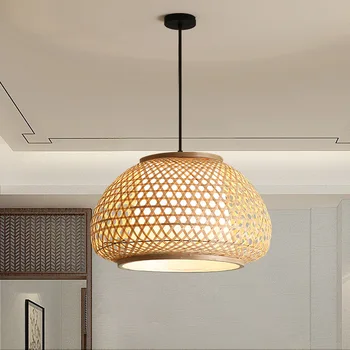 Современная бамбуковая потолочная люстра ручной работы, Кухонный обеденный стол, Ресторан, светодиодная подвесная лампа для внутреннего декора, подвесной светильник