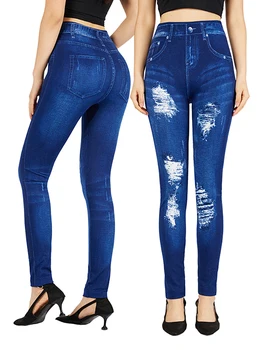 Женские Поддельные джинсы CUHAKCI с принтом спереди в пять отверстий, Сексуальные облегающие леггинсы для тренировок, Элегантные Женские брюки-карандаш из искусственного денима