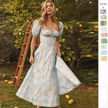 Новое летнее модное Длинное платье с рукавами-пузырями и фрагментированным Цветочным кружевом с разрезом, Женское летнее