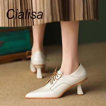 Cialisa/ Женская обувь с острым носком; коллекция 2023 года; сезон весна-осень; Элегантные туфли-лодочки из натуральной кожи с перекрестной шнуровкой; Женская обувь ручной работы на высоком каблуке;