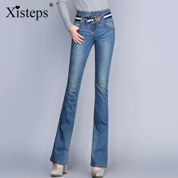 Женские расклешенные джинсы Xisteps, осень-зима, Высокая талия с поясом, Большие Размеры, Белые узкие расклешенные джинсовые брюки-бойфренды