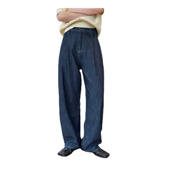 Новые женские темно-синие Прямые Свободные джинсы с высокой талией, повседневные брюки