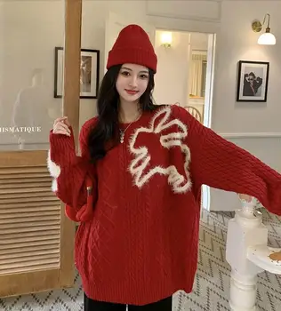 Женская осенне-зимняя одежда 2022 года, новый свитер с красным кроликом и рождественское пальто