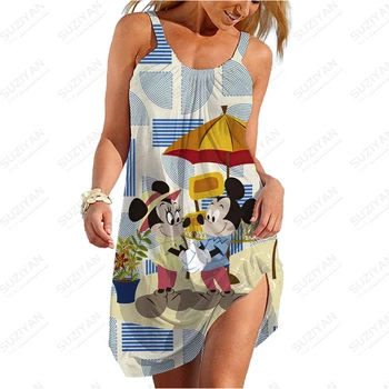Новая модная пляжная одежда с принтом Диснея, летняя модная одежда для взрослых, сексуальное платье с открытой спиной на бретелях
