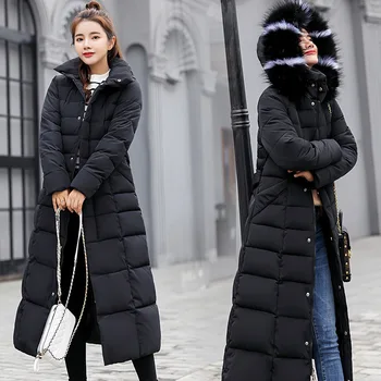 Зимняя женская пуховая стеганая куртка, южнокорейская мода, воротник из длинных волос, черное тонкое женское пальто, повседневное пальто