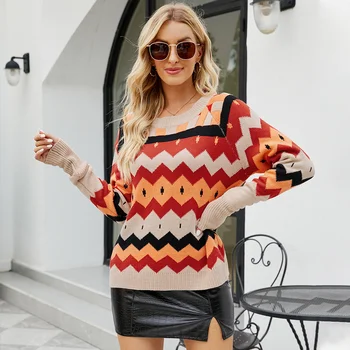 Осенне-зимний женский модный свитер с круглым вырезом 2023 (женское платье большого размера), свитер в виде ромба (женский)