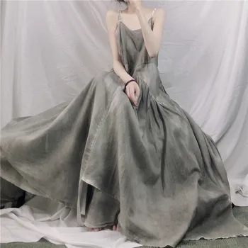 Летнее Нерегулярное двухслойное Большое качающееся серое ретро-супер Длинное платье ручной работы, окрашенное распылением, юбка на подтяжках