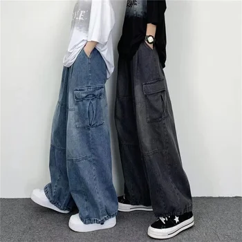 Женские джинсы в стиле ретро с широкими штанинами, Джинсовые брюки на весну-осень, Повседневные Женские Свободные Ковбойские брюки УНИСЕКС с большим карманом