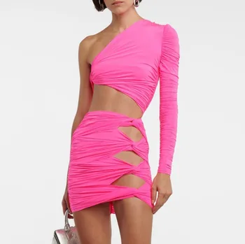 Розовое мини-платье на одно плечо, Облегающее Платье, Сексуальные вечерние платья, Длинные Коктейльные женские платья без рукавов, Красивое Элегантное Платье