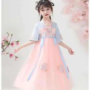 Платья для девочек Hanfu Лето 2022, Новый Китайский костюм в древнем стиле, Китайское традиционное платье с короткими рукавами и вышивкой