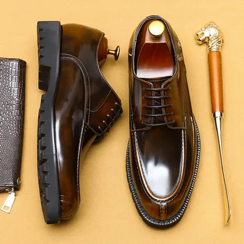 Винтажные мужские оксфорды из лакированной кожи 2023, Роскошная Черная мужская обувь на платформе из натуральной кожи, Деловая обувь для общения
