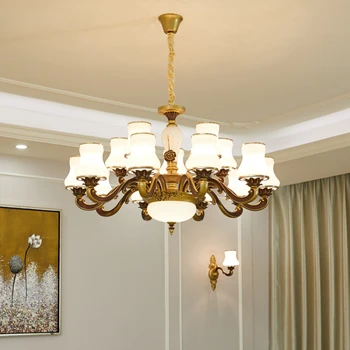 Европейская роскошная светодиодная люстра, Американский Ретро подвесной светильник из нефрита из цинкового сплава для гостиной, виллы, лобби, отеля