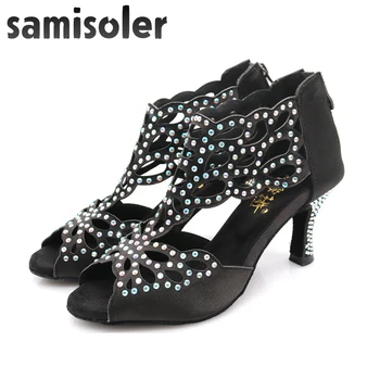 Танцевальные туфли Samisoler, танцевальные туфли на высоком каблуке с бриллиантами и стразами, латиноамериканские танцевальные туфли, на молнии, удобные и простые