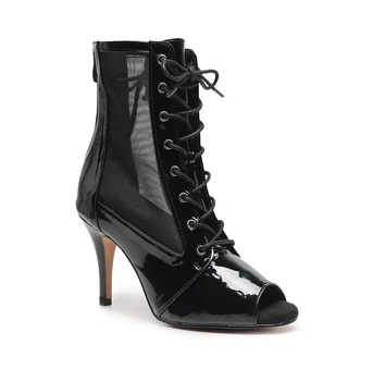 Женские черные танцевальные ботинки на шнуровке для девочек, замшевые туфли для современных джазовых танцев, Женские пинетки с открытым носком на высоком каблуке для дам