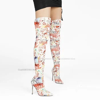 Разноцветные Ботинки с острым носком в стиле Граффити, Женская обувь до бедра на молнии сзади, Туфли на высоком каблуке-шпильке, Мода 2023, Zapatos Para Mujere