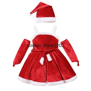 Детский рождественский костюм для косплея для девочек, красное платье на бретелях, сращивание белого плюшевого платья для выступлений на сцене с рождественской шляпой