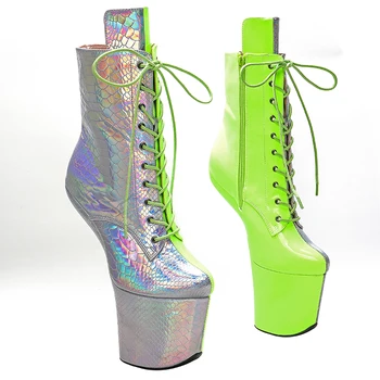 Leecabe/ Ботильоны на платформе серебристого с зеленым цвета из искусственной кожи, Пикантные экзотические туфли для танцев на шесте без каблука