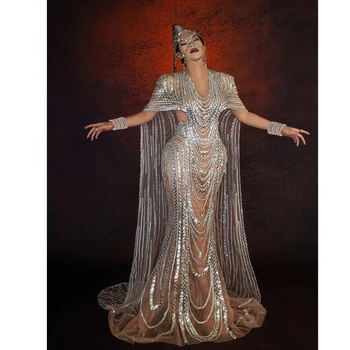 Серебряные блестки, Кристаллы, Прозрачное Платье с длинными Шлейфами, наряд Для Празднования Дня Рождения, сексуальный костюм Танцовщицы