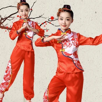 Традиционный китайский народный танцевальный костюм Янко Женский Танец Веером Национальная одежда Ханфу Классический Танец с Барабаном на красной Талии
