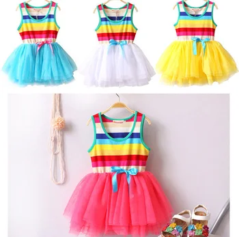 Платье из мягкого тюля радужного цвета для девочек, Корейское летнее платье для маленьких девочек, модные костюмы ярких цветов радуги в наличии