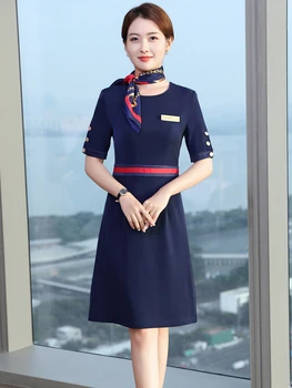 Новые женские летние комбинезоны для стюардесс авиакомпании с коротким рукавом, однобортное платье, авиационная униформа