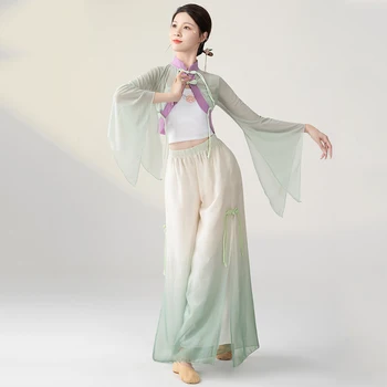 Женское платье для восточных классических танцев, Газовая накидка с длинным рукавом, Топы, Брюки, Фестивальные костюмы для выступлений в китайском стиле DQL7634