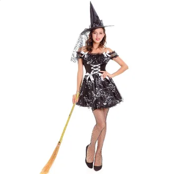 Черный Сексуальный Костюм Ведьмы Для Взрослых Женщин, Волшебный костюм на Хэллоуин, Карнавальная Вечеринка, Косплей, Маскарадное Платье Ведьмы