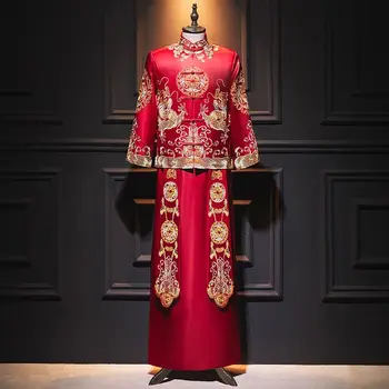 Yourqipao/Мужская одежда Xiuhe, Китайские Мужские наборы для свадебных тостов, куртка в стиле Мандарин, костюм Тан, куртка с драконом и Фениксом Больших размеров