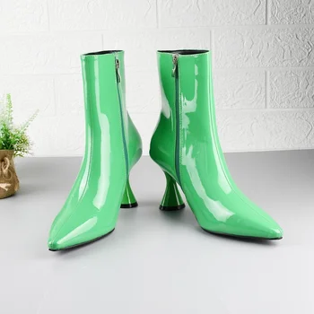 Женские ботинки 2022 г., модные однотонные ботинки до середины икры из лакированной кожи ярких цветов на тонком каблуке, брендовые женские ботильоны на высоком каблуке