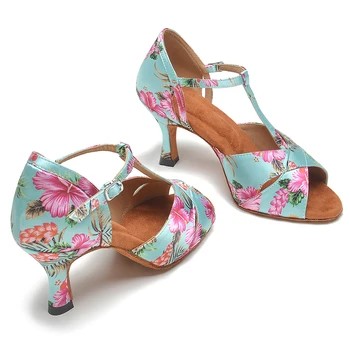 Женские танцевальные туфли из атласа с цветочным рисунком, Дышащая обувь для латиноамериканских танцев на мягкой подошве Для девочек, обувь для бальной Сальсы, Туфли для латиноамериканских танцев на каблуках