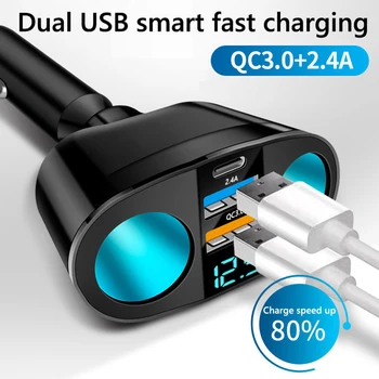 1x QC3.0 Автомобильное зарядное устройство 12 В/24 В Двойной USB Адаптер Питания Автомобильный Прикуриватель Type-C + QC3.0 + 2.4A Синий светодиодный цифровой дисплей 120 Вт