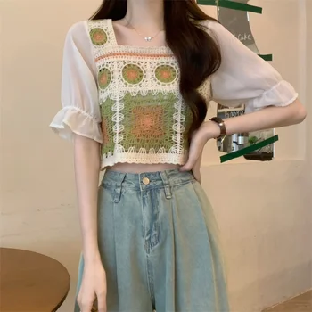 Корейская версия нишевого дизайна, шифоновая рубашка с пузырчатыми рукавами, женский летний выдолбленный цветок крючком, уникальная короткая футболка