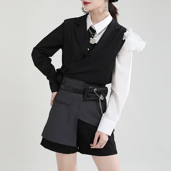 Лето 2023, новый шикарный дизайн, жилет Sense, нерегулярный сращивающий сетчатый марлевый костюм на шнуровке, зажим для куртки, женский