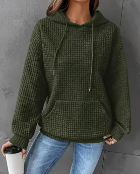 Женский свитер 2023, вафельный свитер с круглым вырезом и длинными рукавами, осенне-зимний однотонный женский модный пуловер с капюшоном, топ