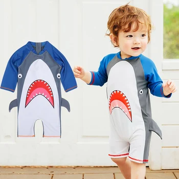 Детский купальник для маленьких мальчиков, цельный купальник с длинным рукавом, Новый летний купальный костюм с рисунком акулы, Детская одежда для мальчиков