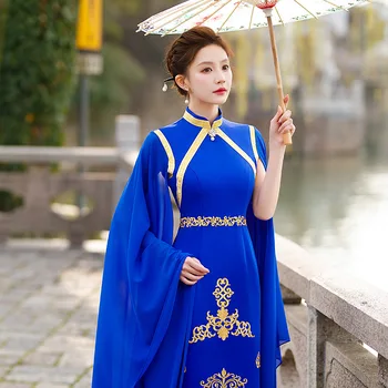 Винтажное синее ципао, элегантное женское китайское платье Чонсам с высоким разрезом и воротником-стойкой, Vestidos