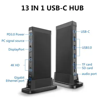 13 в 1 КОНЦЕНТРАТОР Type C USB 3.0 Вертикальная док-станция USB-C Splitter TF Reader PD 100 Вт RJ45 4K DisplayPort DP HDMI-совместимый адаптер