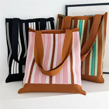 Классическая модная вязаная сумка в контрастную полоску, винтажная сумочка с панелями, Повседневная универсальная сумка-тоут, сумка для покупок большой емкости