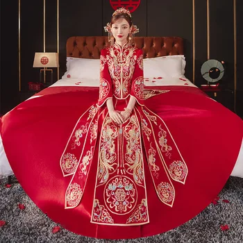 Новинка, свадебное платье в китайском стиле, элегантный свадебный комплект с вышивкой Чонсам, Восточный костюм невесты, изысканный подарок на свадьбу